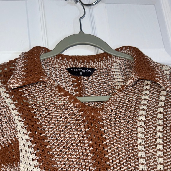 Modest Essentials Crochet Maxi Dress Brown Beige Striped Long Sleeve M - Picture 12 of 12